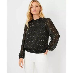 Ann Taylor Metallic Clip Smocked Ruffle Neck Top XS
